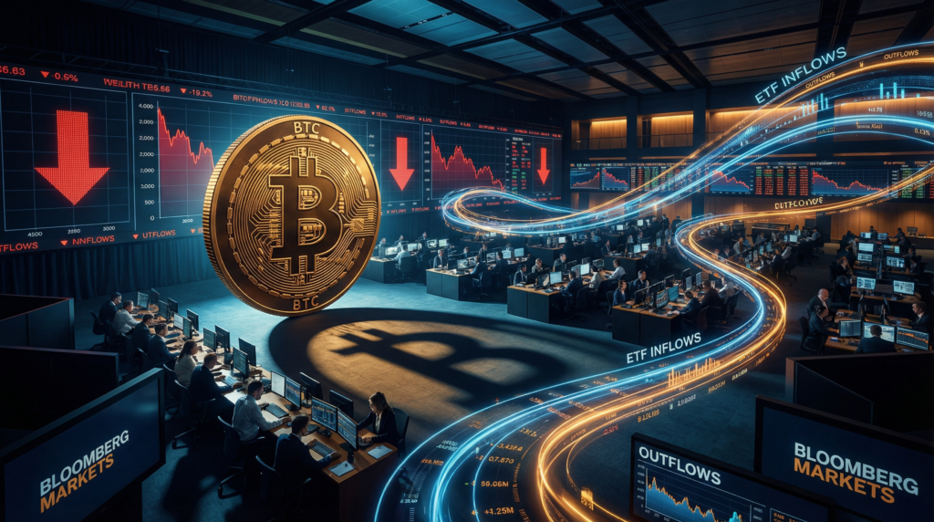 Bitcoin ETF outflows and institutional trading floor with market data