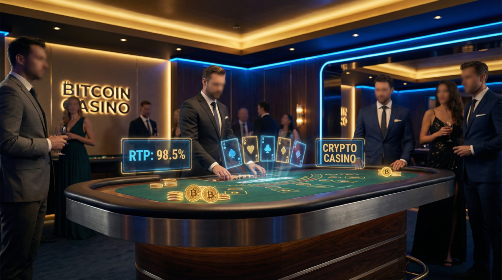 Luxury crypto casino table with Bitcoin chips and holographic cards