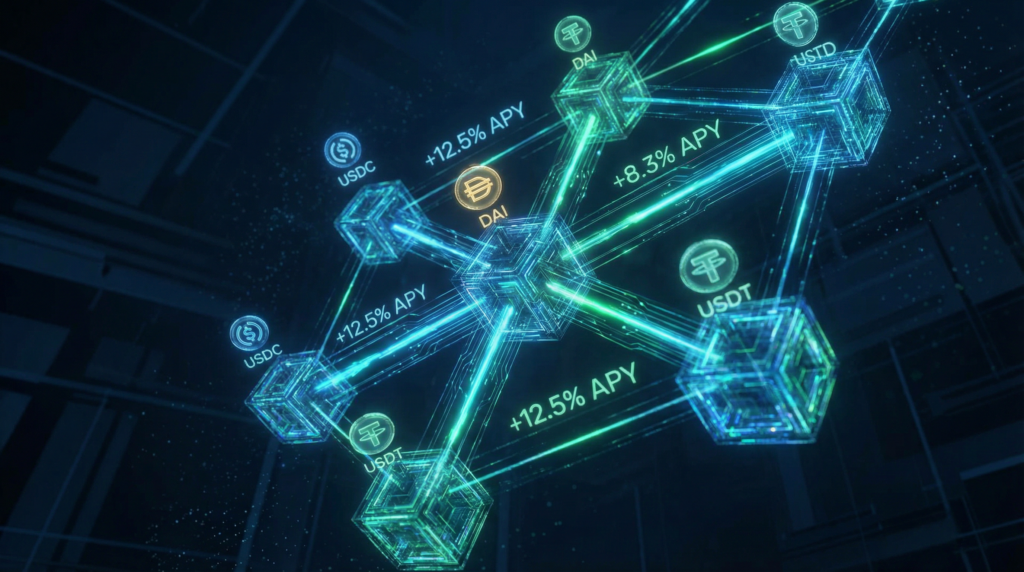 DeFi protocol network with stablecoin symbols and APY percentages