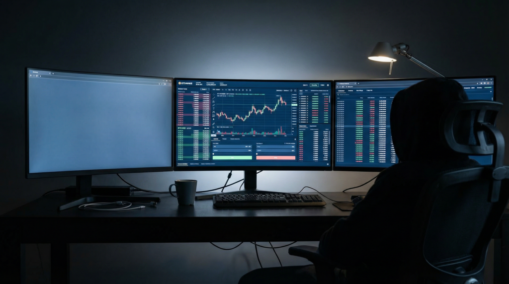 Three trading platform screens showing exchange interfaces