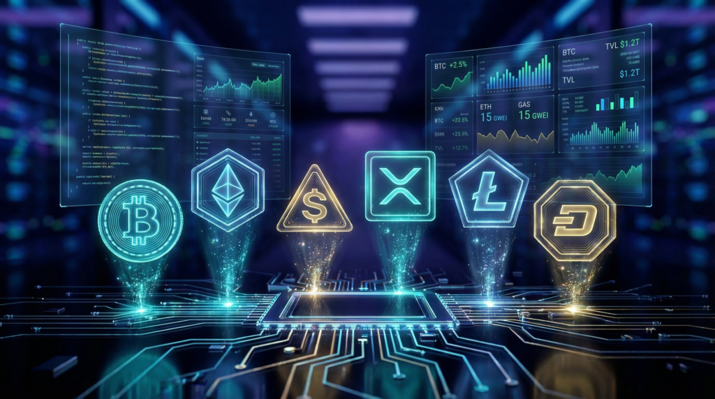 New cryptocurrency tokens emerging from blockchain network with data charts