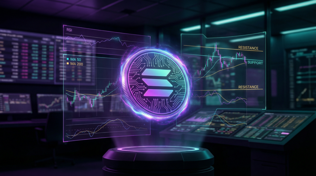 Solana SOL coin with technical analysis chart overlays
